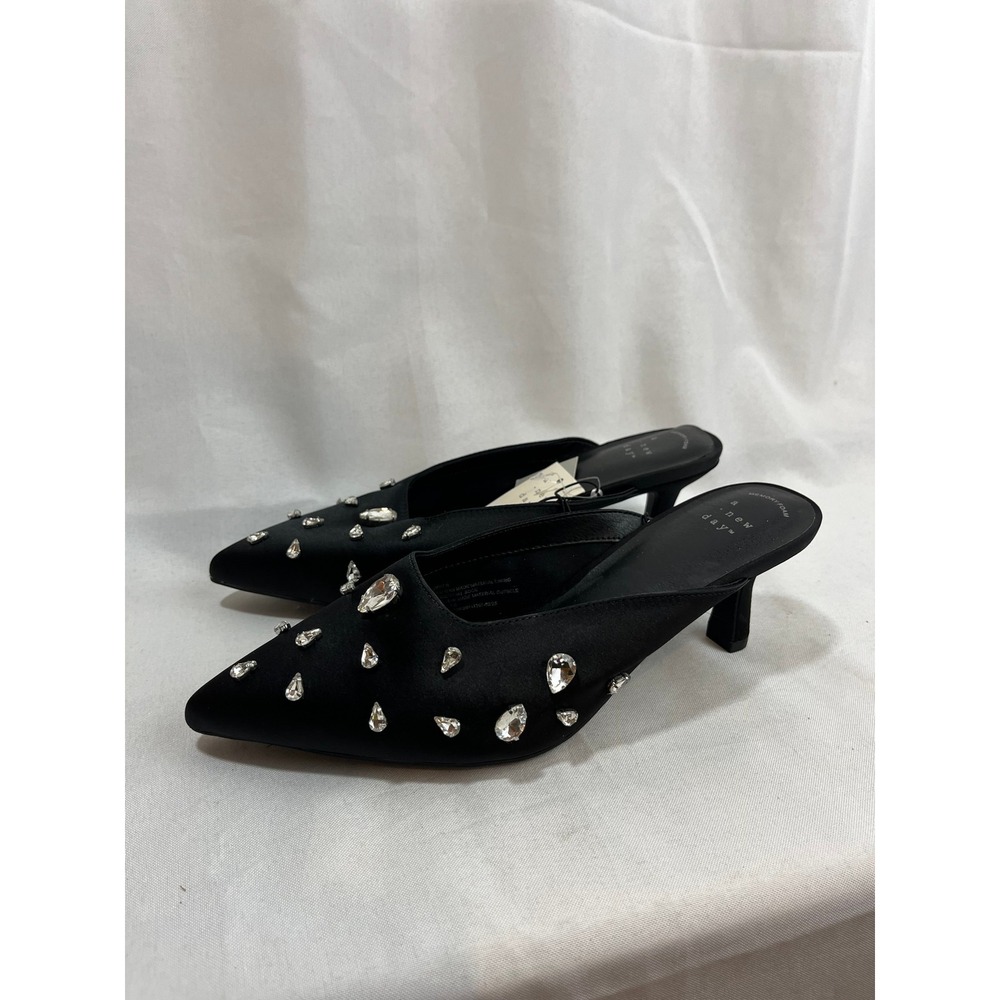 A New Day Womens Black Satin Rhinestone Pointed Toe Kitten Heel Mules Size 8 NEW